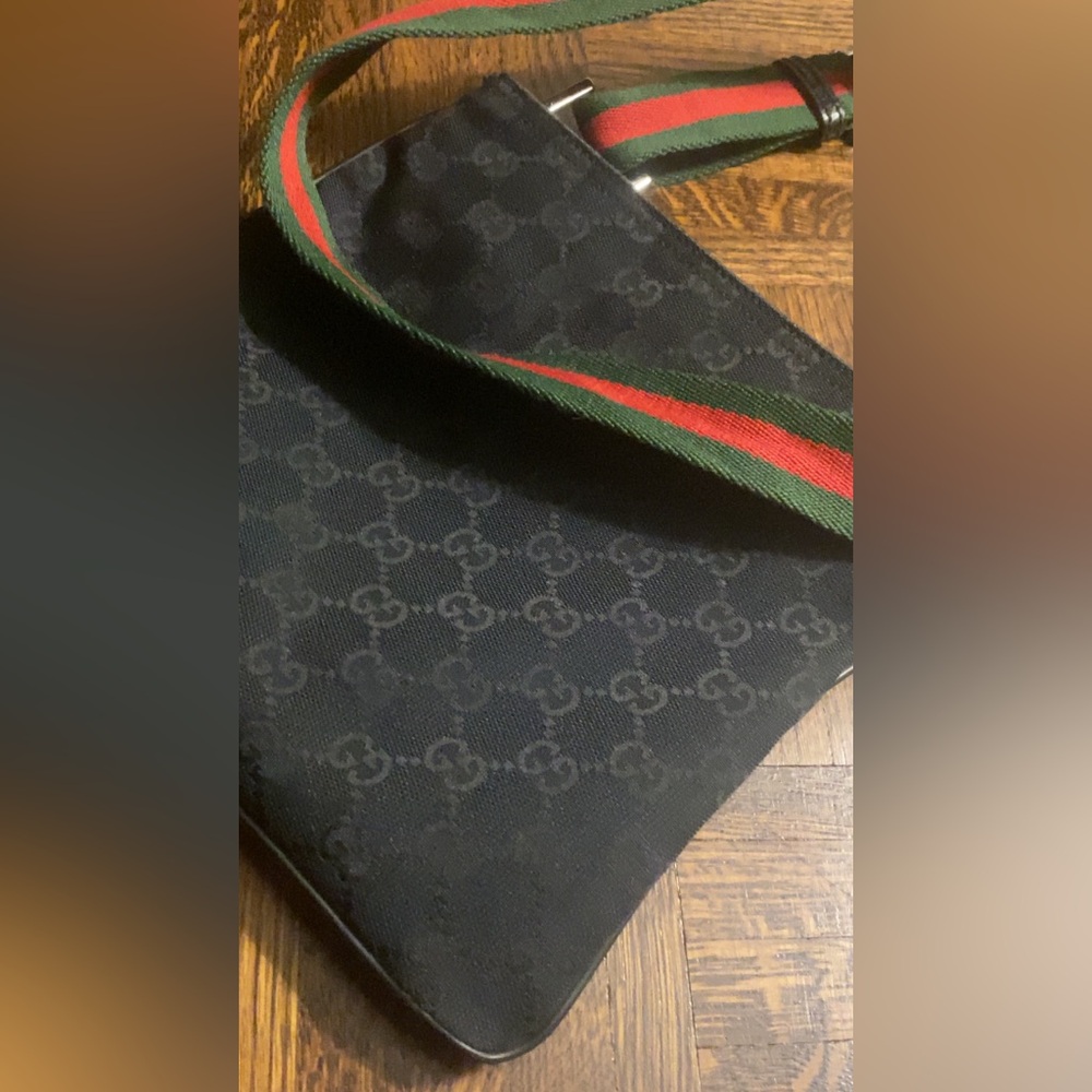 Gucci Black GG Canvas Messenger Bag with Red and Green Web Strap